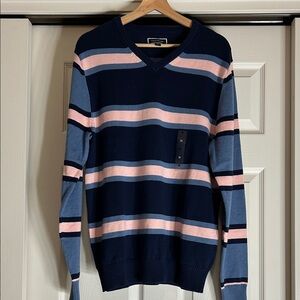 Club Room Men's Striped V-Neck Sweater - Navy, Pink, and Blue Size M Preppy